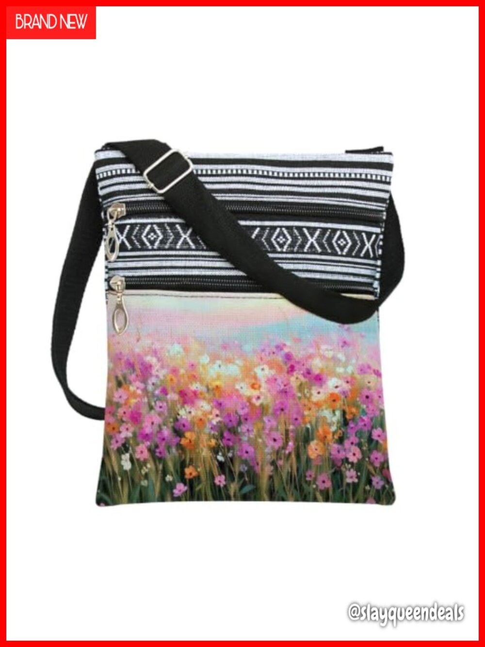 Wildflower Oil Painting Crossbody Bag Adjustable Strap Multi Zipper Purse